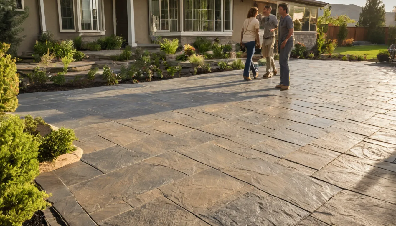 A newly finished stamped concrete patio with a slate pattern behind a frame home in the Frederick area